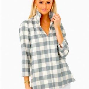 Tuckernuck’s Sage Gingham Standing Collar Botton Up Blouse